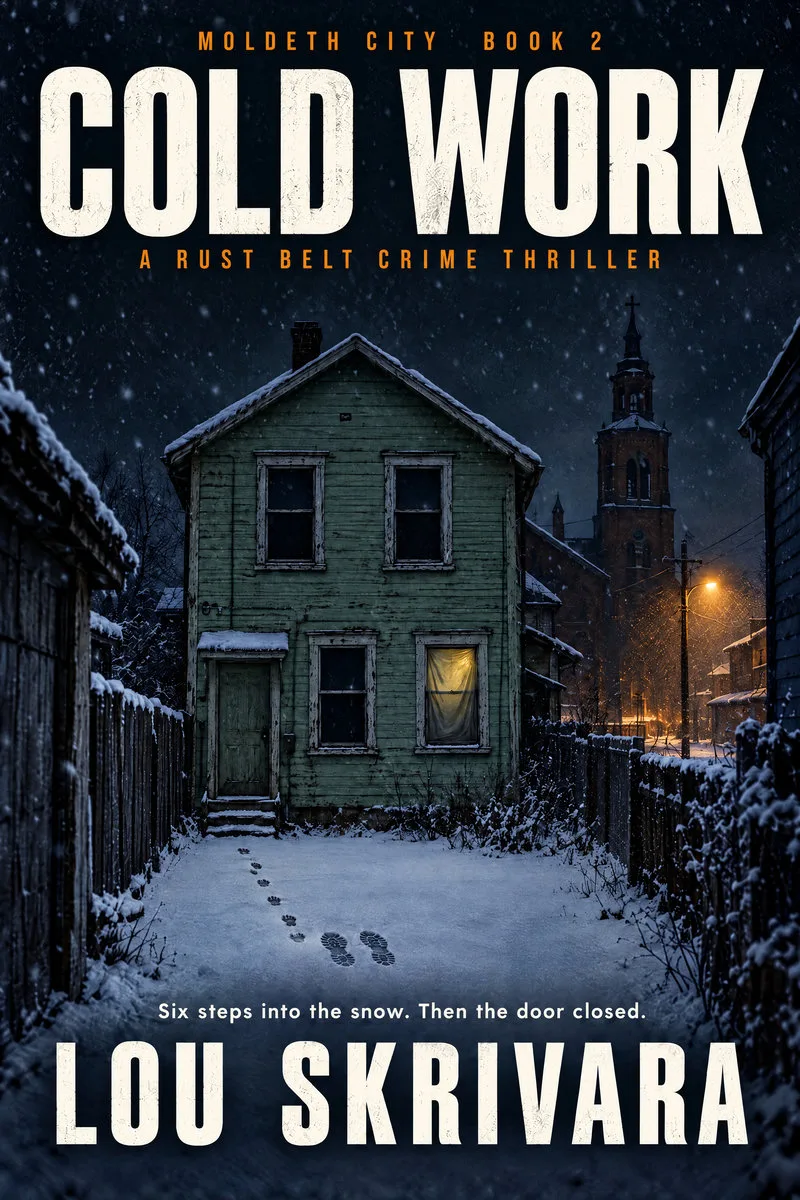 Cover of Cold Work by Lou Skrivara: a pale green row house at night in deep snow, one lit window, footprints leading to the door