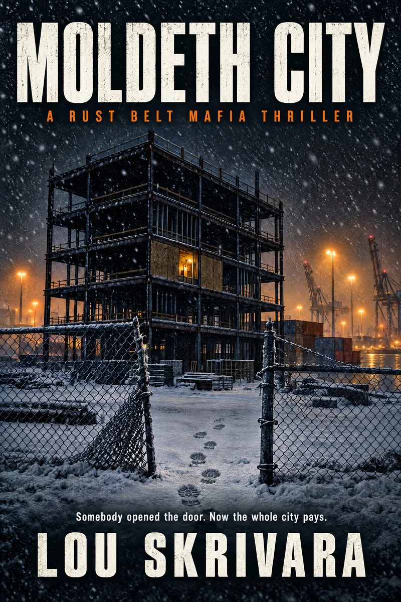 Cover of Moldeth City by Lou Skrivara: a half-built steel frame in falling snow behind a chain-link fence, lit by orange dock lights